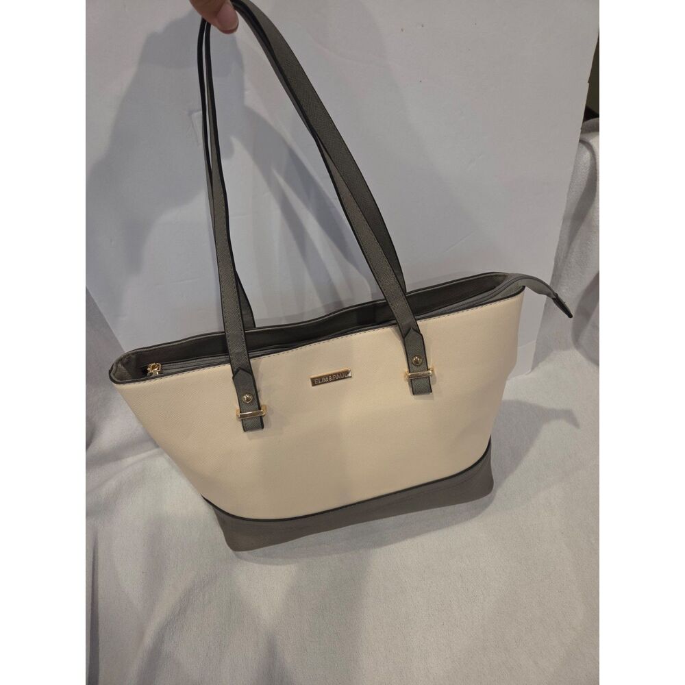 Elim & Paul Cream Gray Structured Tote Bag Saffiano Faux Leather Gold Hardware